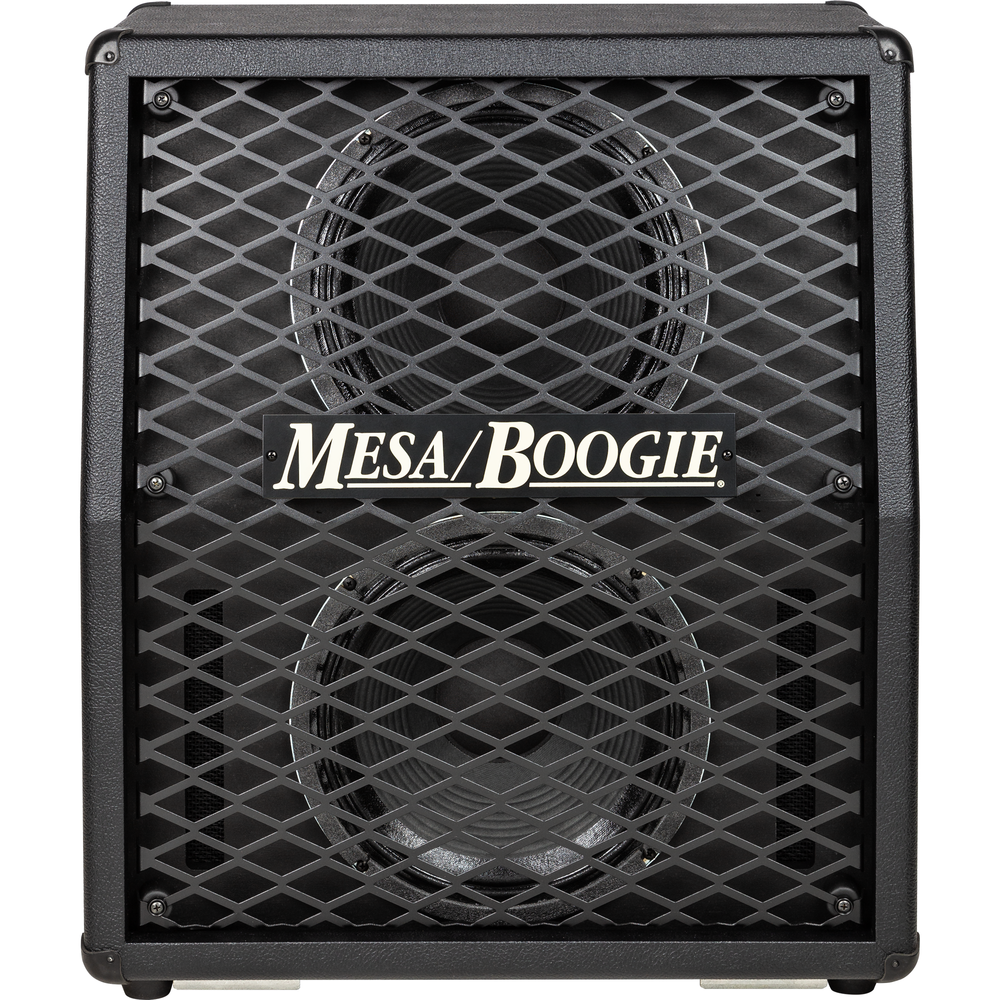 Mesa Boogie VTG Split Back 2x12 vertical guitar speaker cabinet in black, featuring two large speakers and a sturdy black finish.