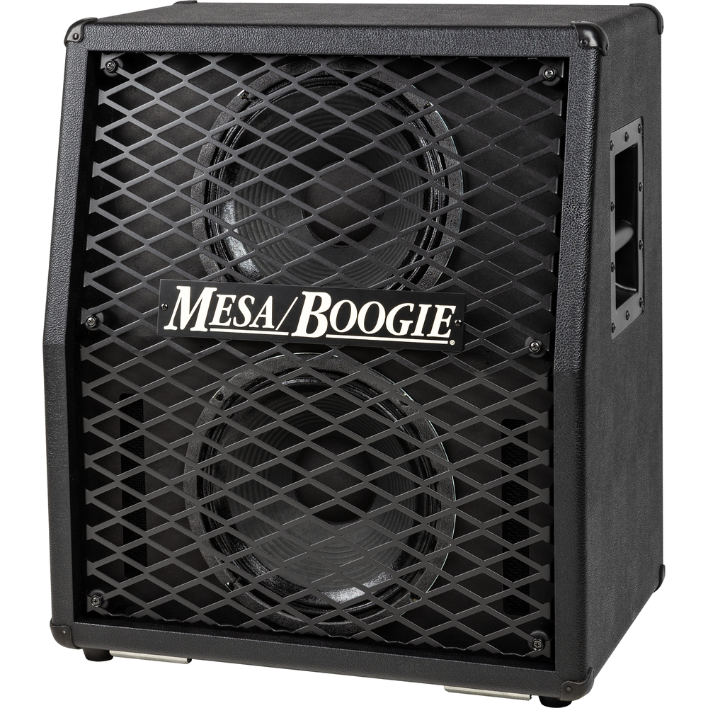 Mesa Boogie VTG Split Back 2x12 vertical guitar speaker cabinet in black, featuring two speaker openings and a sturdy black finish.