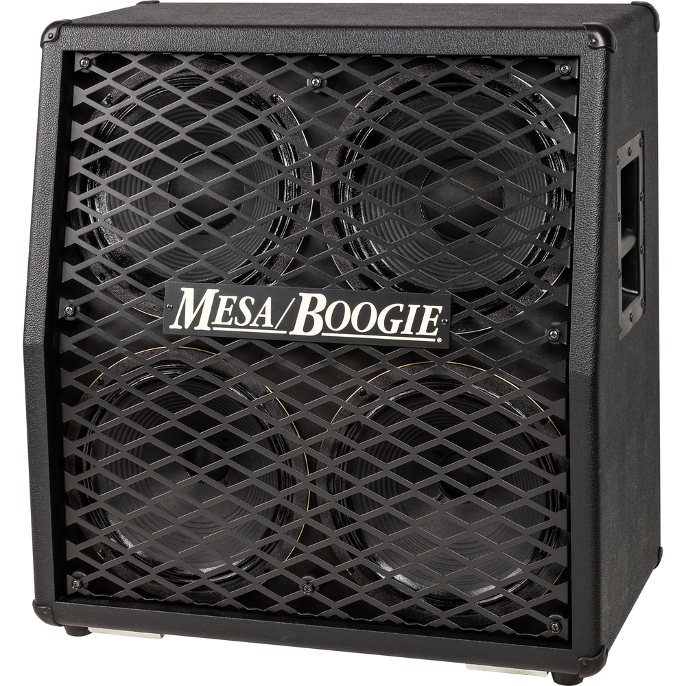 Mesa Boogie VTG Split Back 4x12 slanted guitar speaker cabinet in black, featuring four large speakers and a sturdy design.