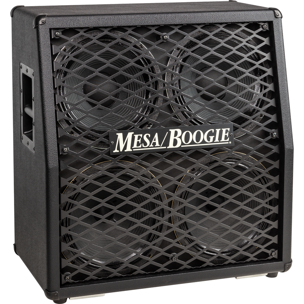 Mesa Boogie VTG Split Back 4x12 slanted speaker cabinet in black, designed for guitar amplifiers, with four speaker drivers.