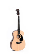 Sigma 000ME-SE Spruve Mahogany acoustic electric guitar with cutaway body and built-in pickup, showcasing a natural wood finish.