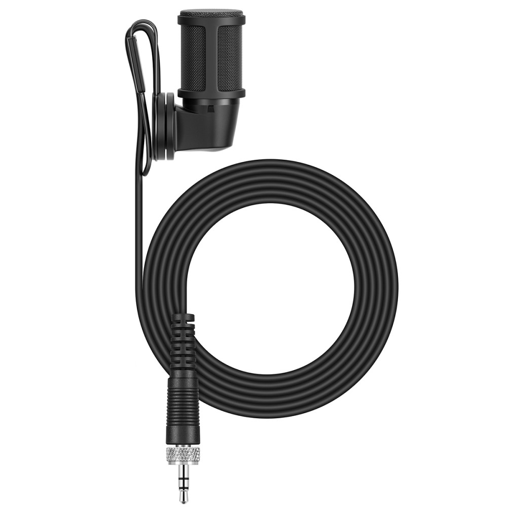 Sennheiser MKE40-4 wired cardioid clip-on lavalier microphone for live audio recording, shown clipped to a clothing lapel.