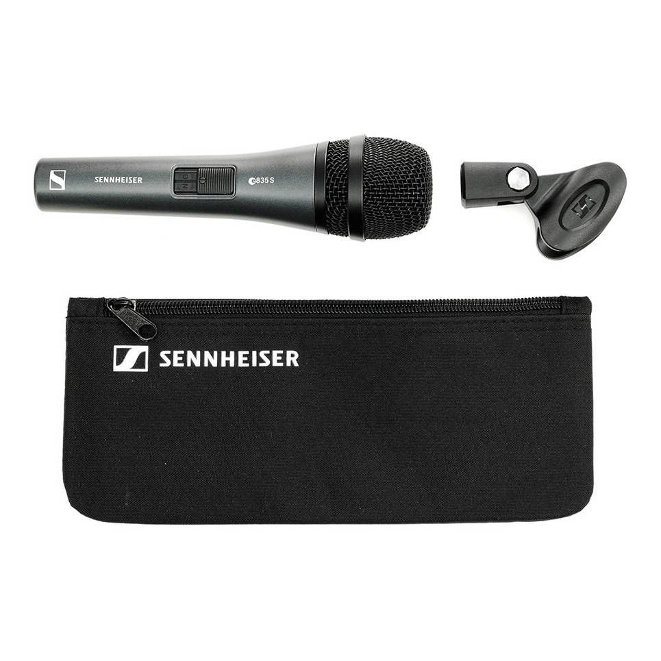 Sennheiser e 835-S wired dynamic cardioid microphone for live vocals, shown with metal grille and ergonomic design.