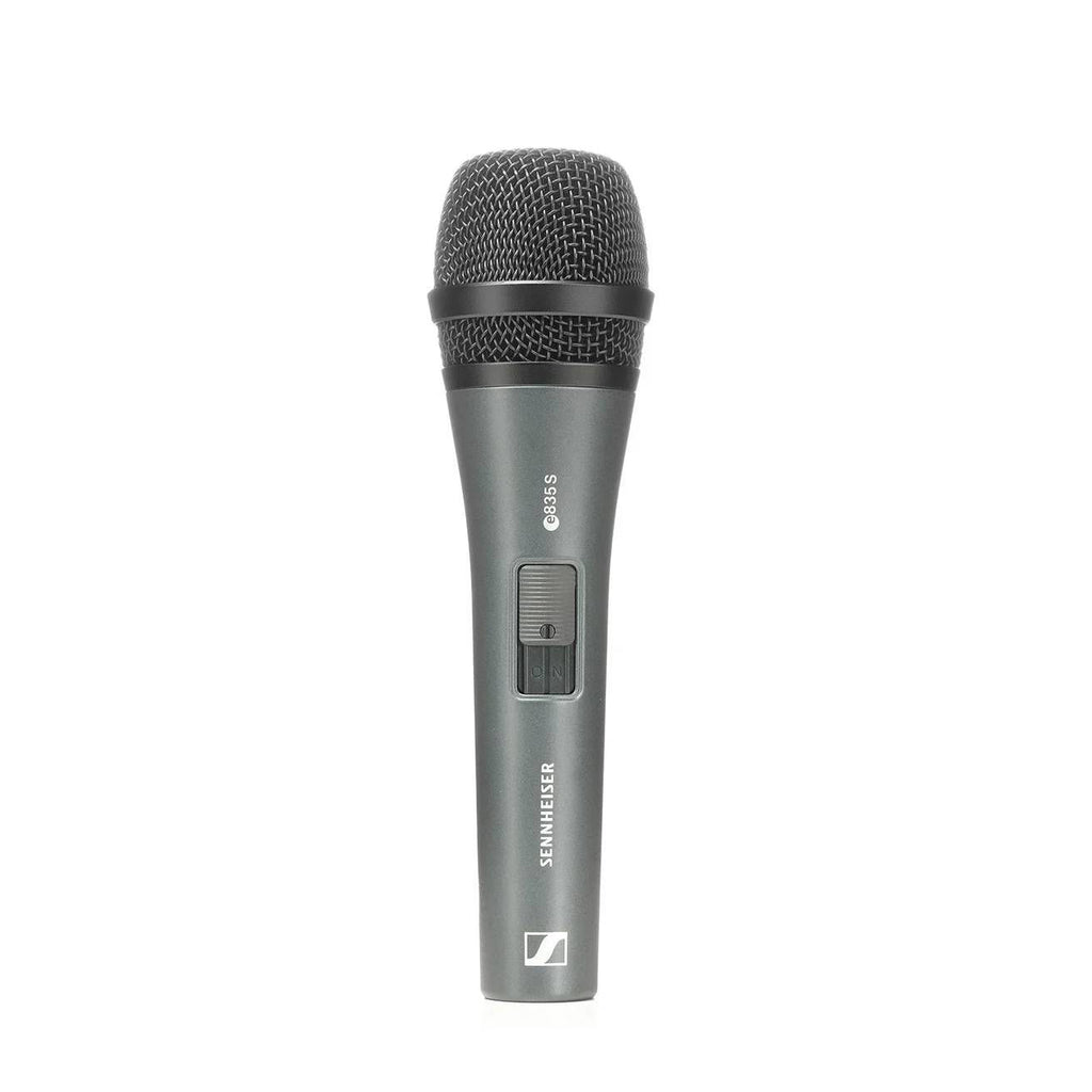 Sennheiser e 835-S wired dynamic cardioid microphone for live performances with a black body and grille.
