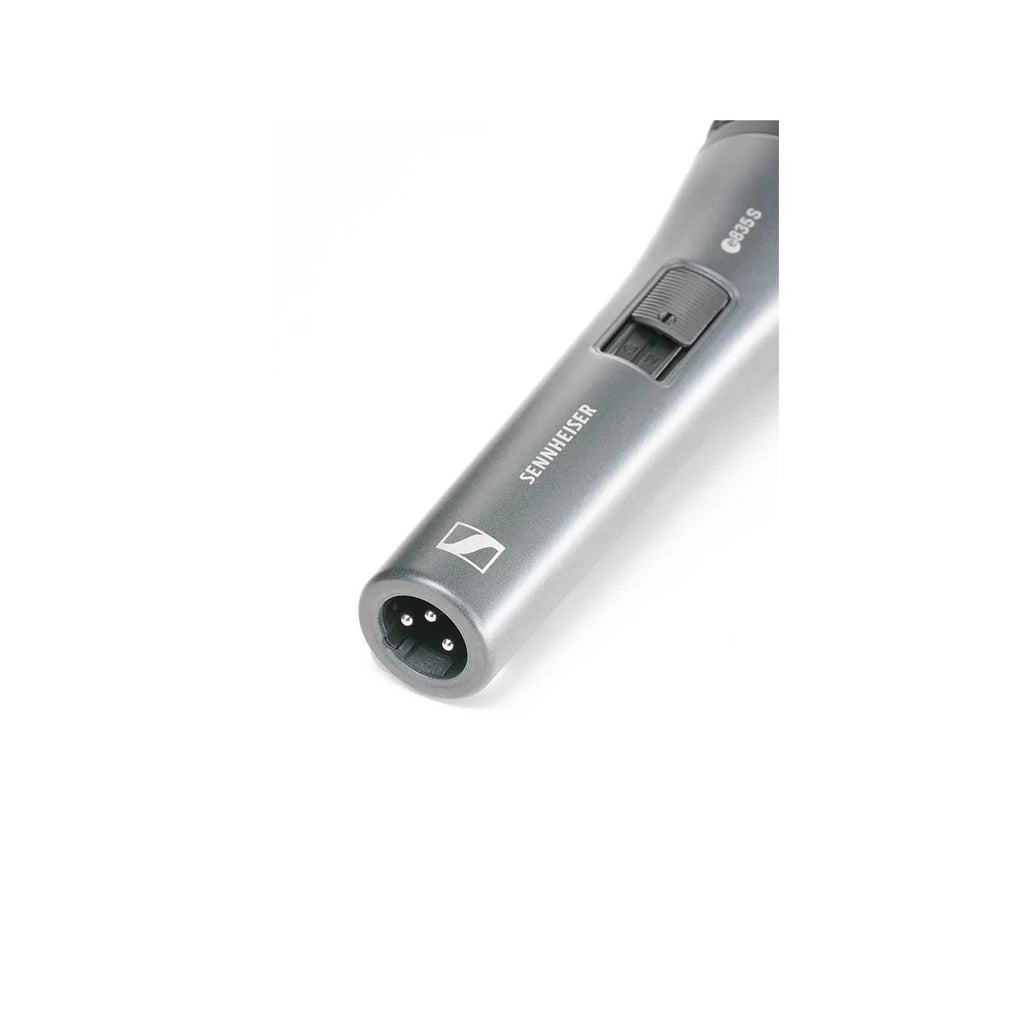 Sennheiser e 835S wired dynamic cardioid microphone with robust metal grille and professional live performance design.