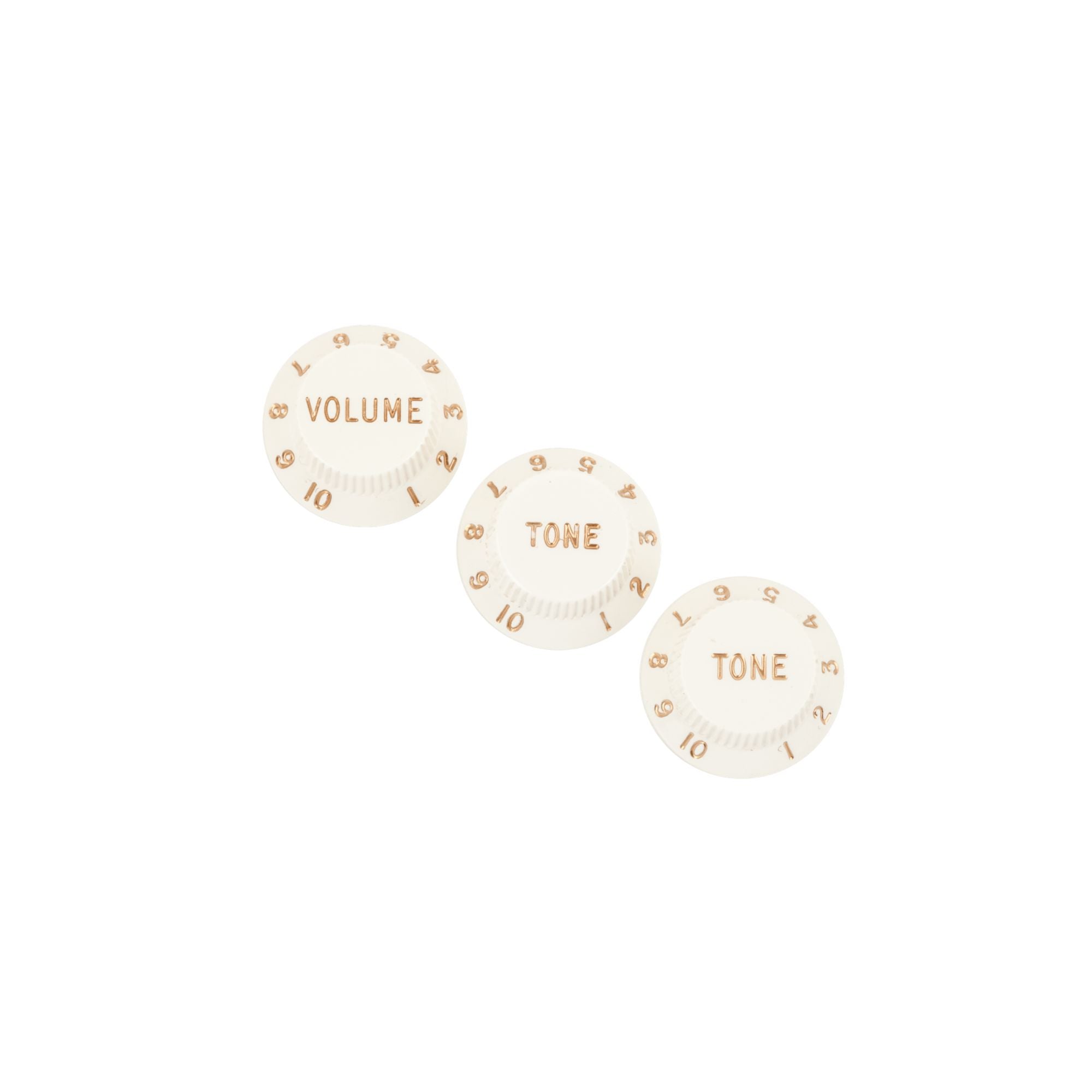 Fender Stratocaster guitar knobs set with three parchment volume and tone control knobs, designed for electric guitar upgrades.