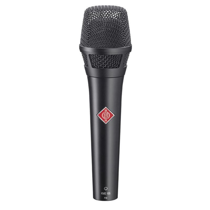 Neumann KMS 105 BK wired handheld condenser vocal microphone in black, shown with a microphone grille and body.