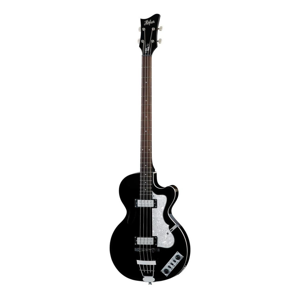 Hofner Club Ignition Series black violin bass guitar with four strings and vintage-style body, showcasing its classic design.