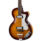 Hofner Ignition Series Sunburst Club Bass Guitar with hardcase, showcasing its classic design and glossy finish.