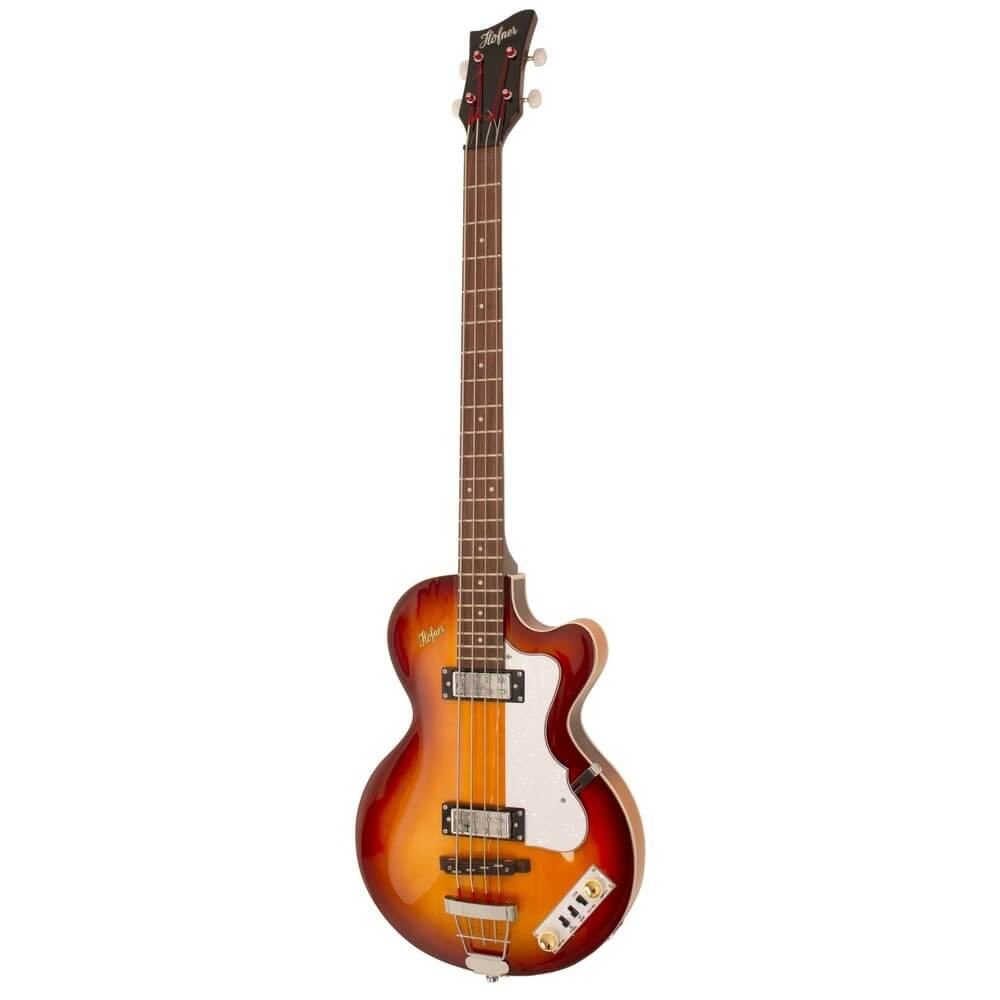 Hofner Ignition Series Club Bass Guitar in sunburst finish with hard case, showing the classic solid body and vintage style.