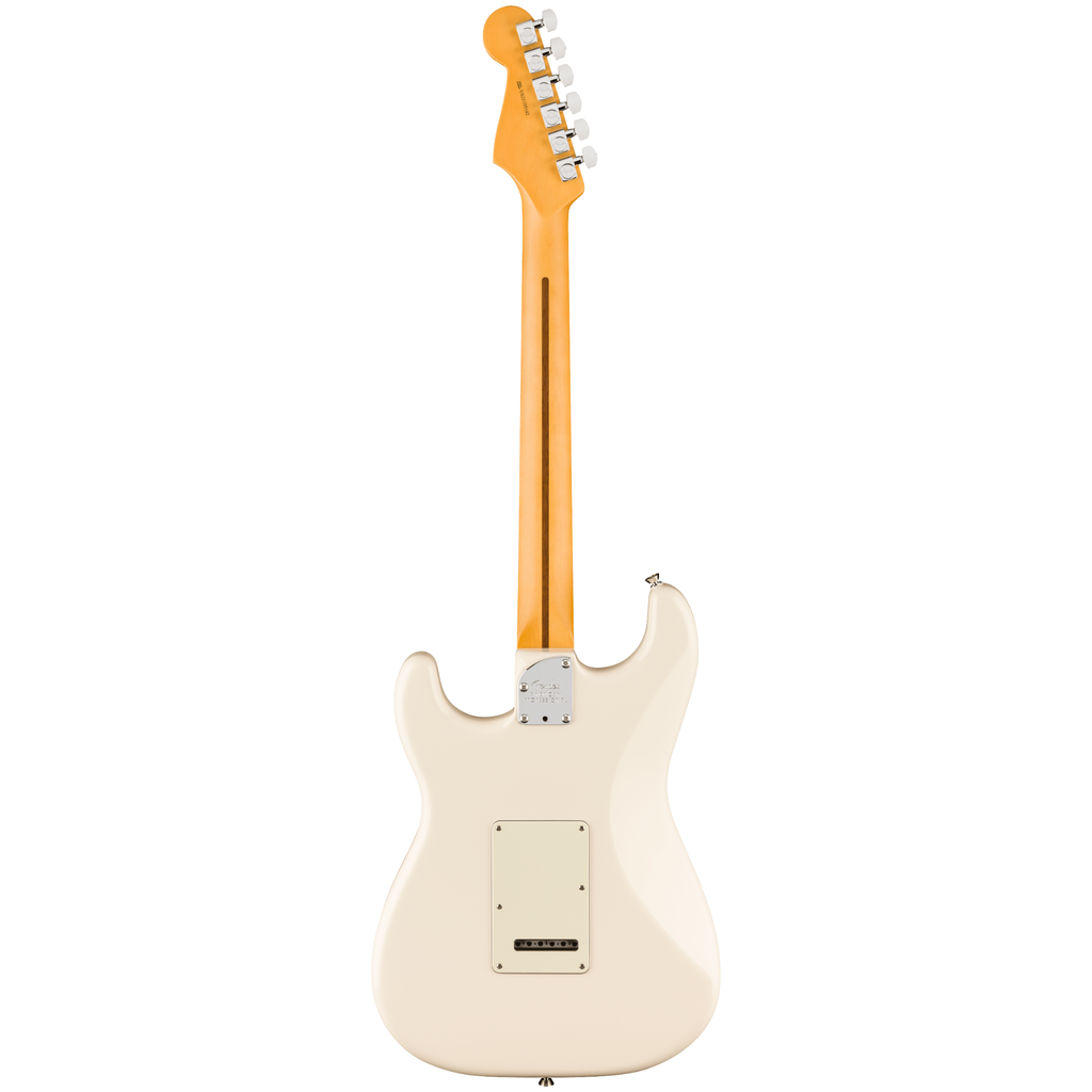 Fender American Pro Stratocaster RW FB Olympic White electric guitar with maple neck and three pickups, showcasing a sleek white finish.