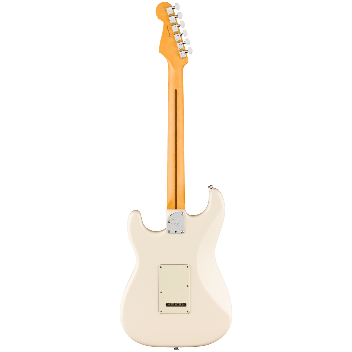 Fender American Pro Stratocaster RW FB Olympic White electric guitar with maple neck and three pickups, showcasing a sleek white finish.