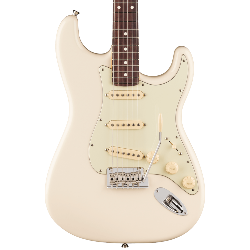 Fender American Pro Stratocaster RW FB electric guitar in Olympic White with maple fretboard and three single-coil pickups.