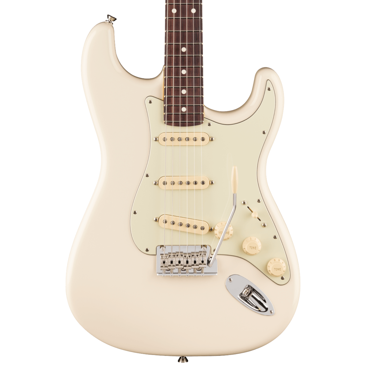 Fender American Pro Stratocaster RW FB electric guitar in Olympic White with maple fretboard and three single-coil pickups.