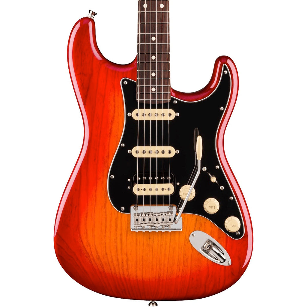 Fender American Pro Stratocaster HSS electric guitar in aged cherry burst finish, showcasing its sleek body and pickup configuration.