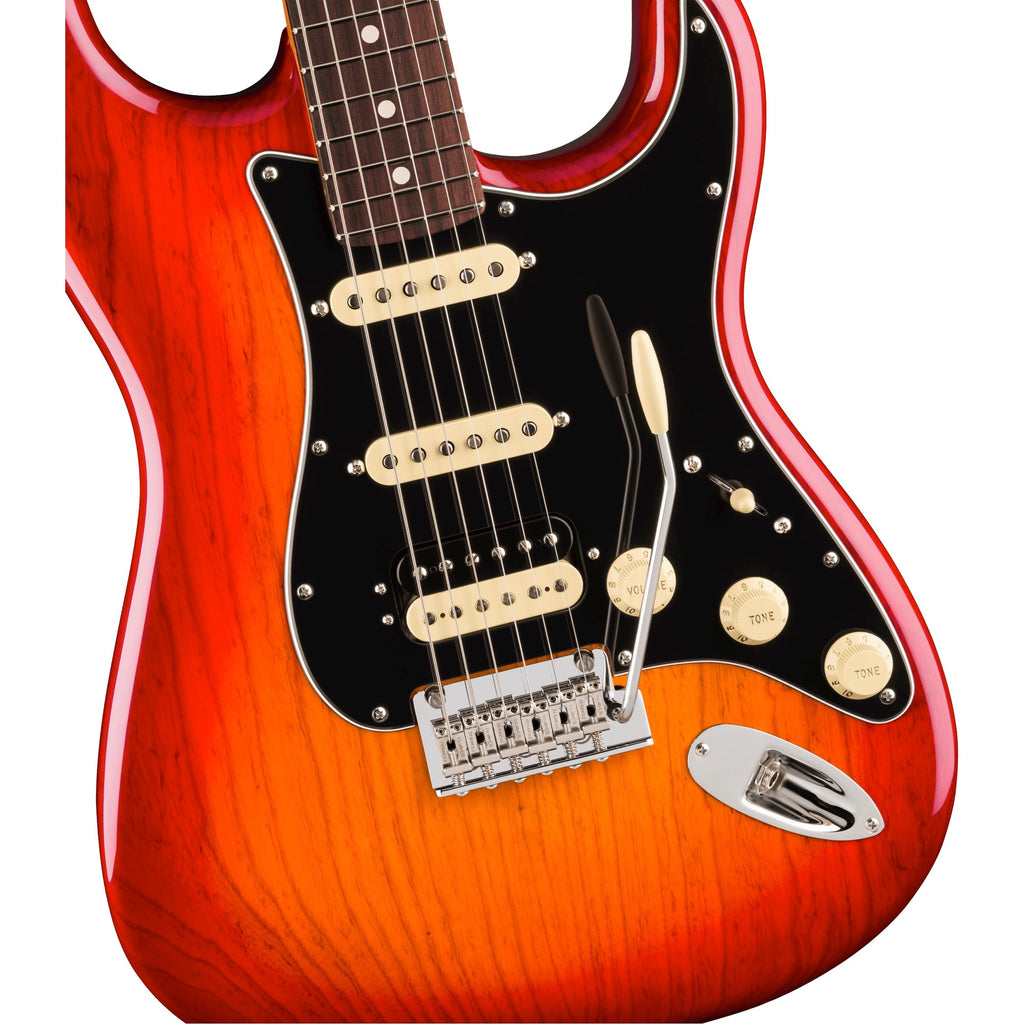 Fender American Pro Stratocaster HSS electric guitar with aged cherry burst finish, maple neck, and three pickups.