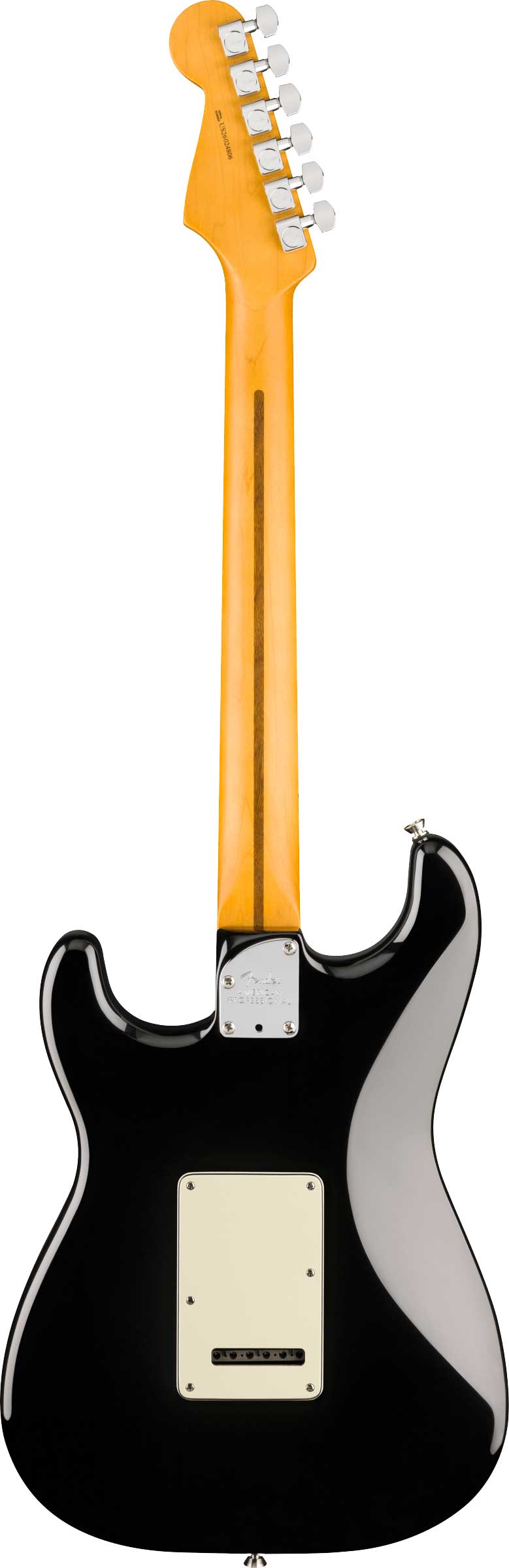 Fender American Pro Stratocaster HSS electric guitar with maple fretboard in black finish, showcasing its body and hardware details.