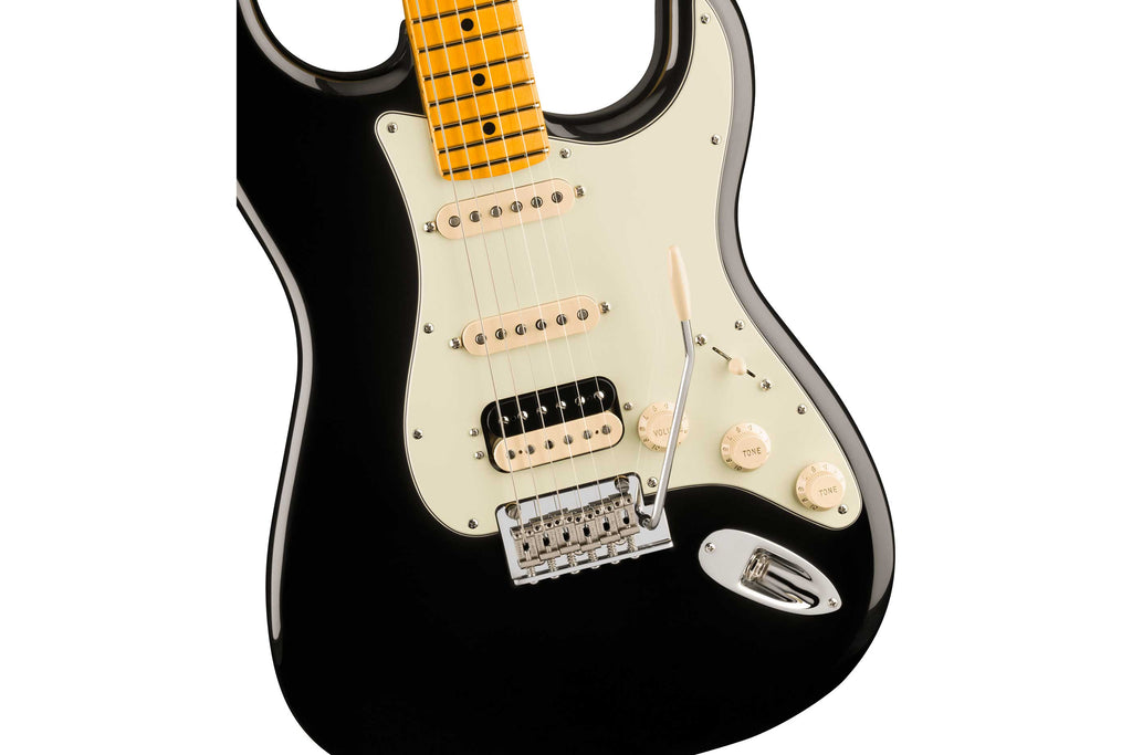 Fender American Pro Stratocaster HSS electric guitar with maple fingerboard and black finish, showing body and pickups.