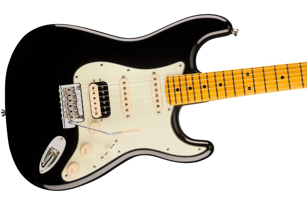 Fender American Pro Stratocaster HSS electric guitar with maple fingerboard, black finish, and three pickups.