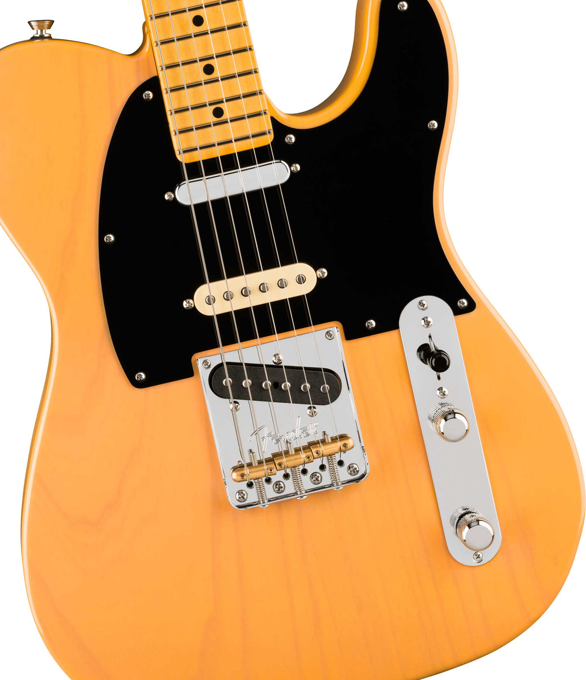 Fender American Pro Hot Shot Telecaster electric guitar with maple fretboard in butterscotch blonde finish, detailed close-up.