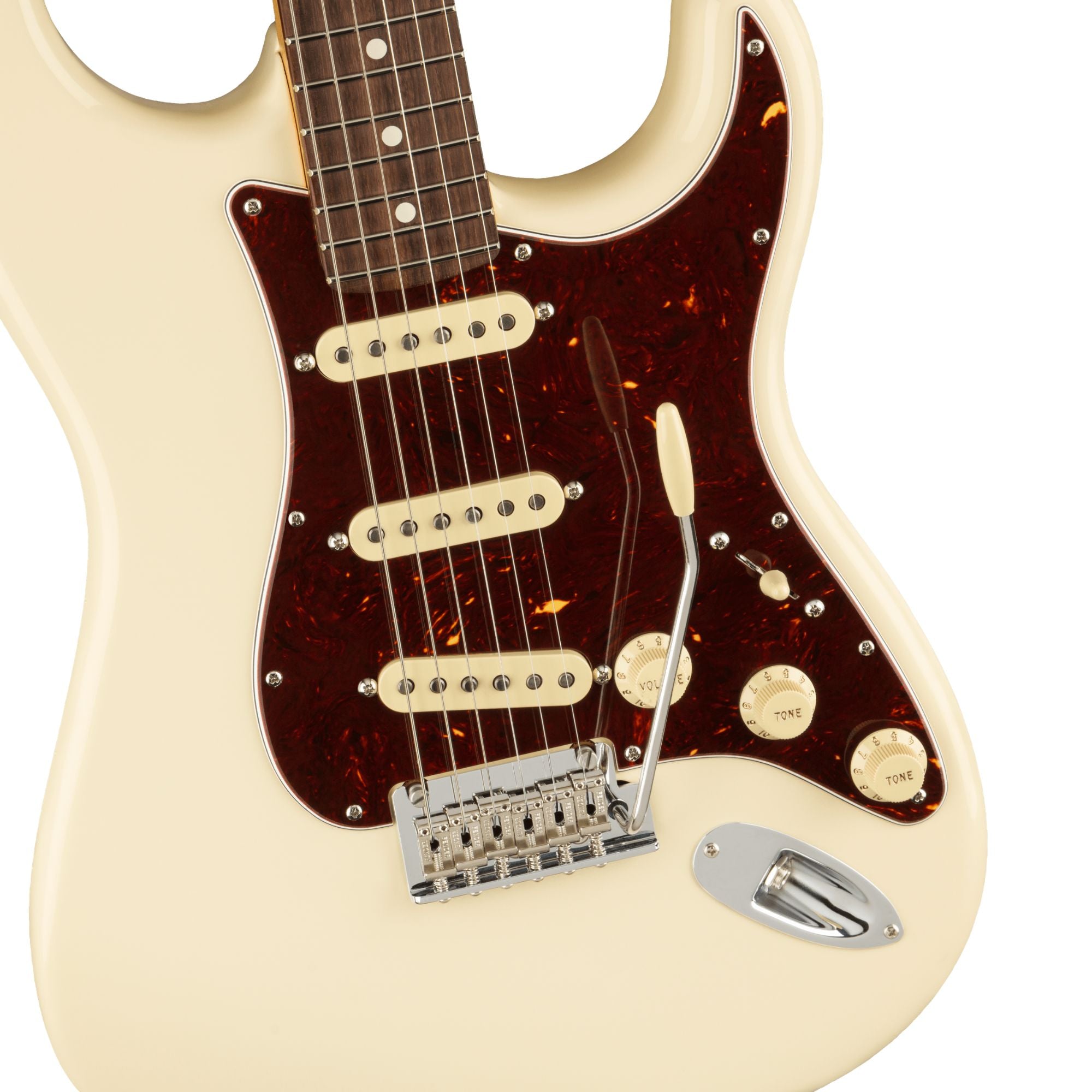 Fender American Professional II Stratocaster electric guitar with rosewood fingerboard in Olympic White, showcasing a sleek body and six strings