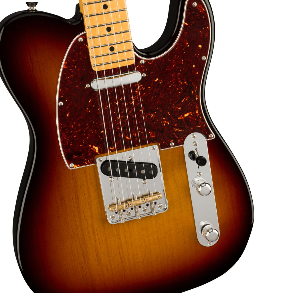 Fender American Professional II Telecaster electric guitar with maple fingerboard and 3-color sunburst finish, close-up of body and neck