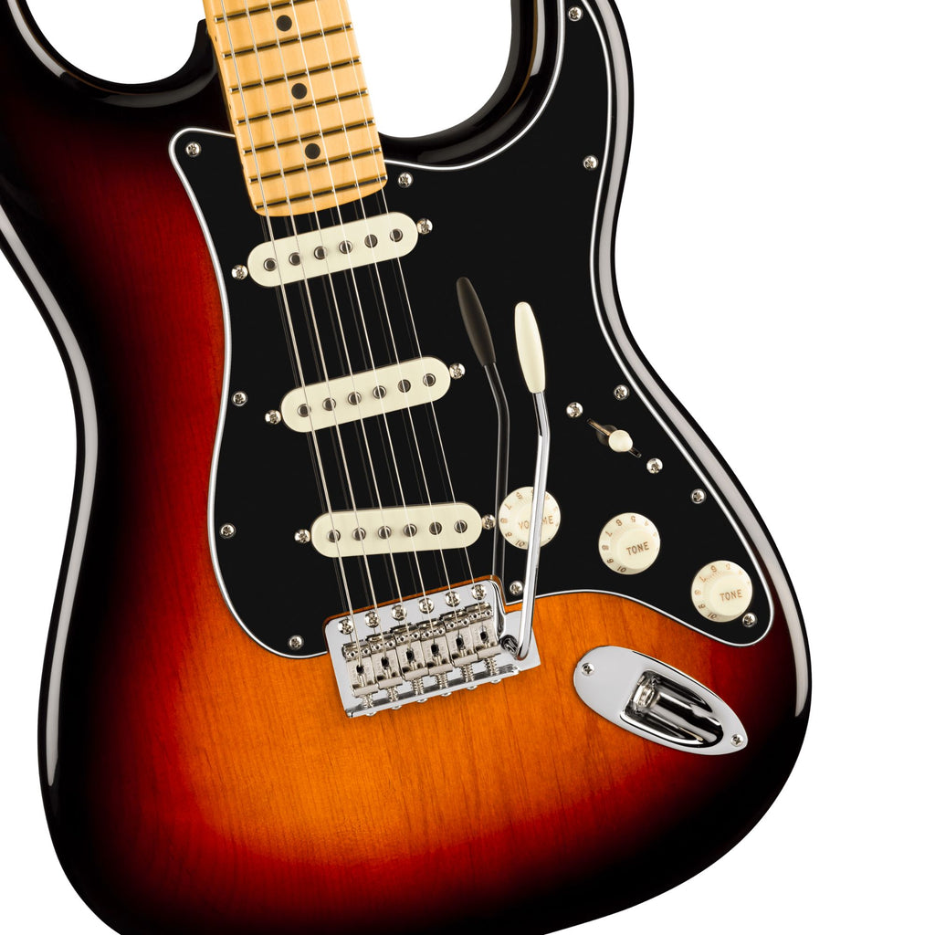 Fender American Professional Classic Stratocaster electric guitar with maple fingerboard in 3-color sunburst finish, showcasing body and neck details.