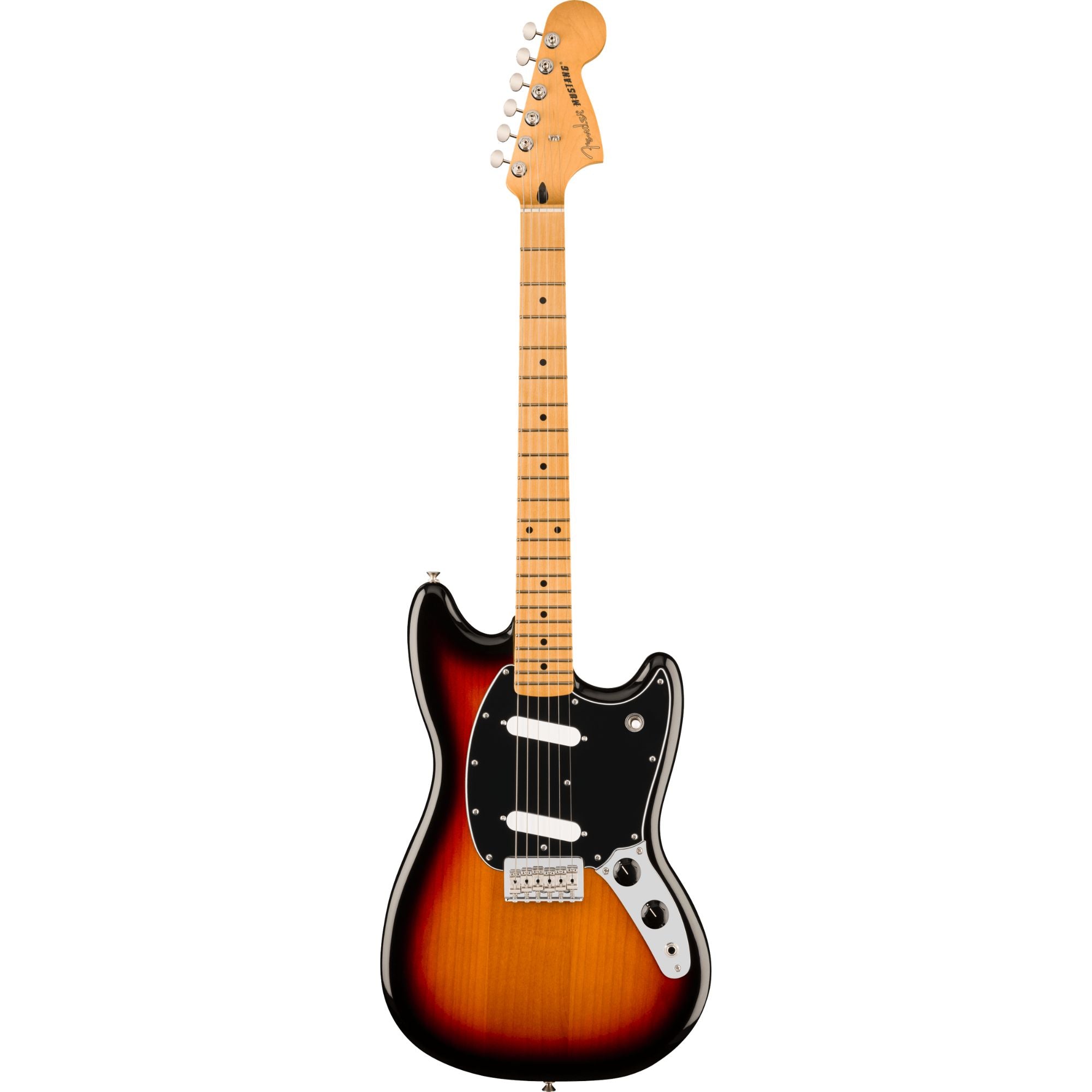 Fender Player II Mustang electric guitar with maple fingerboard in 3-color sunburst finish, showcasing its compact body and vintage design.