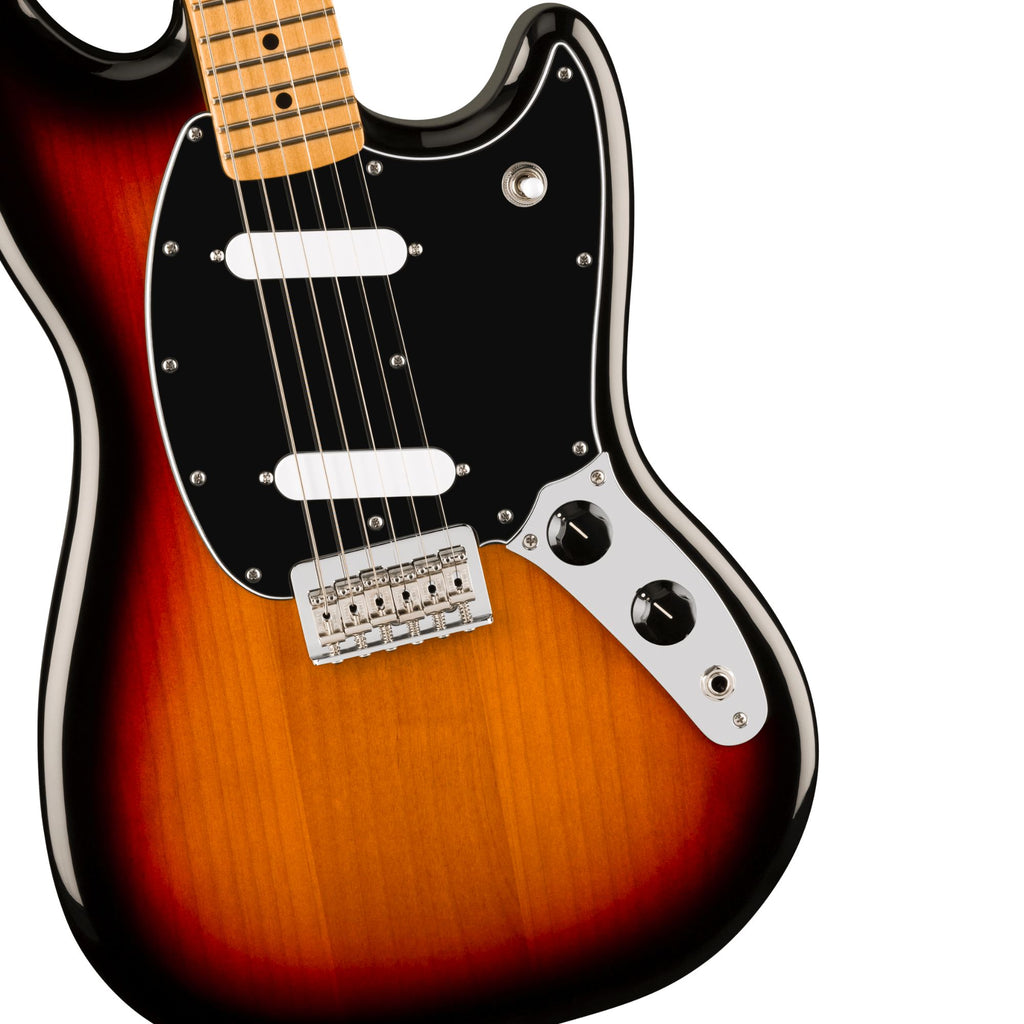 Fender Player II Mustang electric guitar with maple fingerboard in 3-color sunburst finish, showcasing its compact body and vintage style.