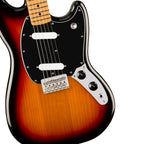 Fender Player II Mustang electric guitar with maple fingerboard in 3-color sunburst finish, showcasing its compact body and vintage style.
