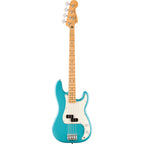 Fender Player II Precision Bass with maple fingerboard in Aquatone Blue, showcasing the electric bass guitar's body and neck design.