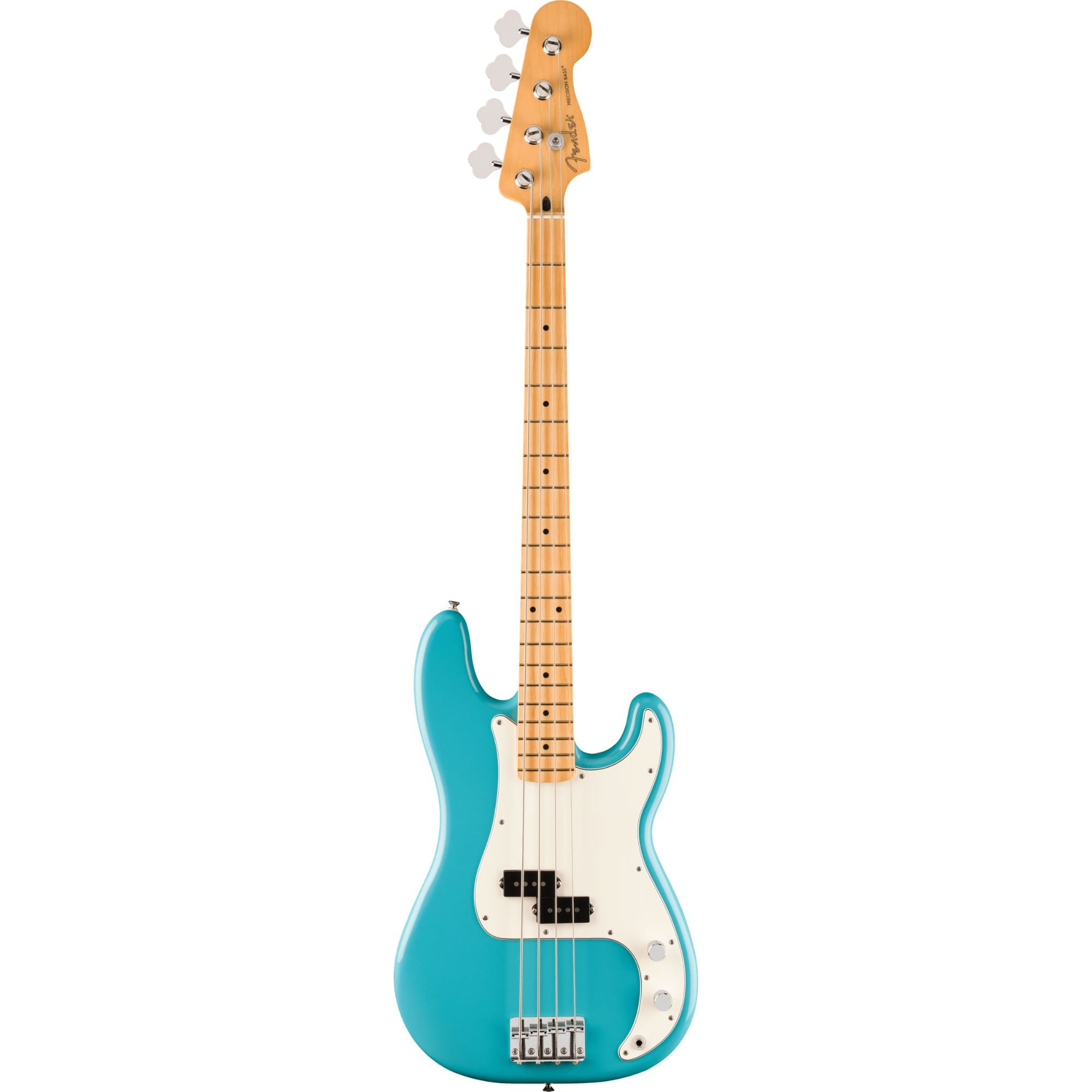 Fender Player II Precision Bass with maple fingerboard in Aquatone Blue, showcasing the electric bass guitar's body and neck design.