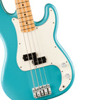 Fender Player II Precision Bass with maple fingerboard in Aquatone Blue, showcasing the electric bass guitar's body and hardware.