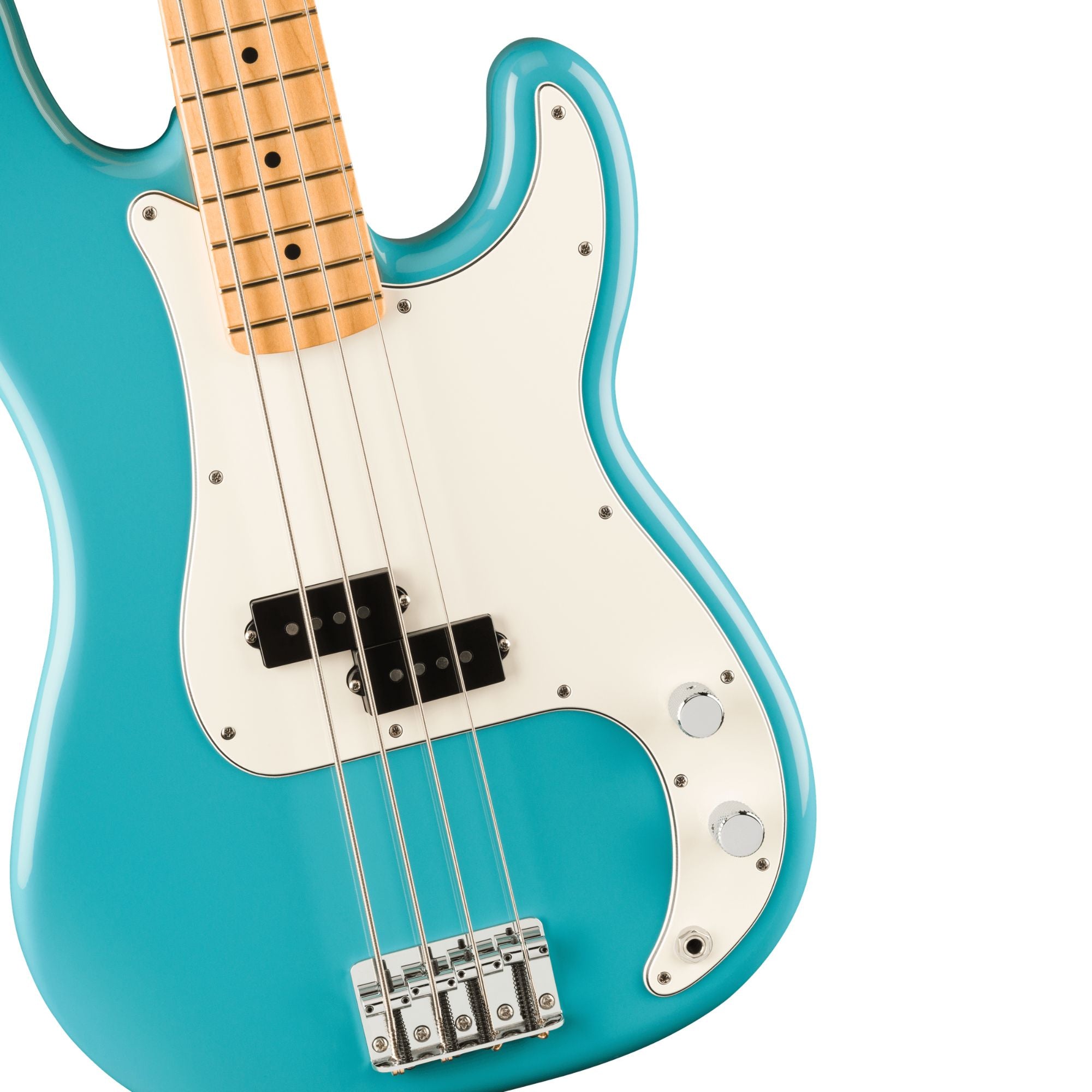 Fender Player II Precision Bass with maple fingerboard in Aquatone Blue, showcasing the electric bass guitar's body and hardware.
