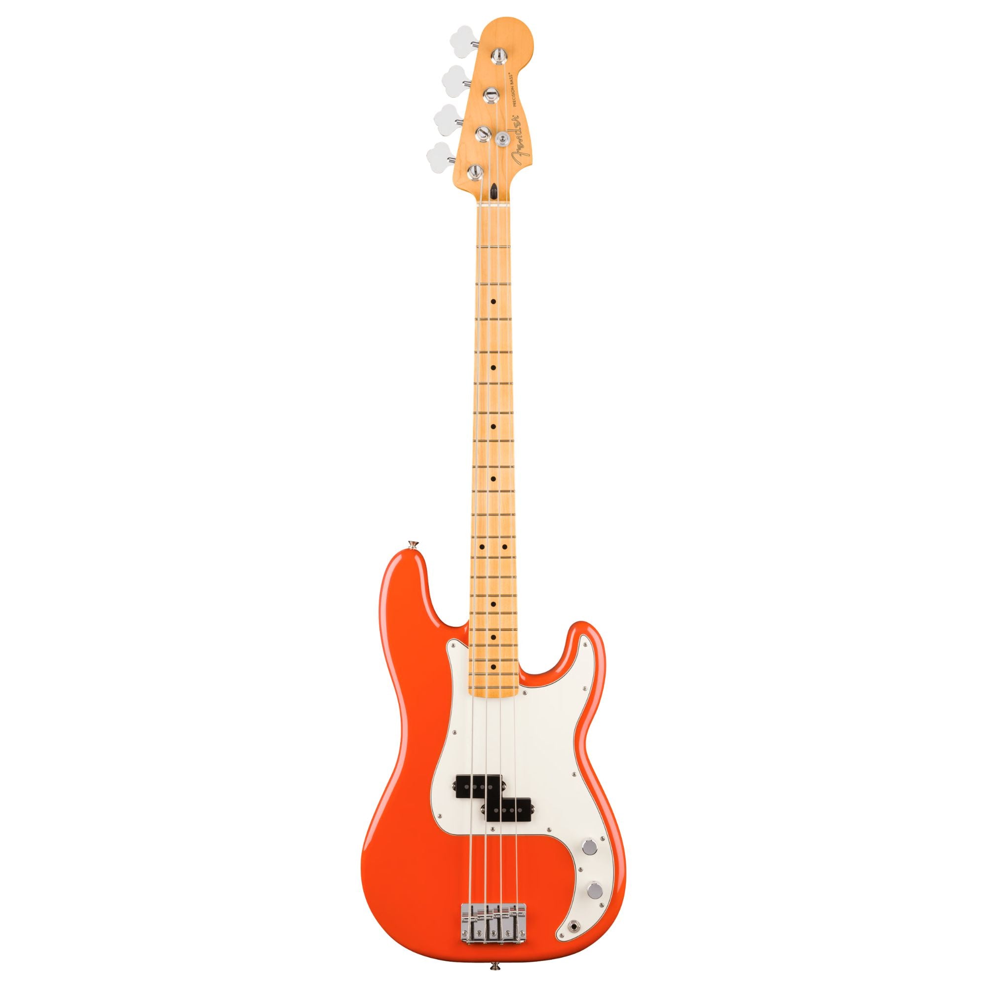 Fender Player II Precision Bass with maple fingerboard in Rallye Orange, showcasing the bass guitar's body and neck.