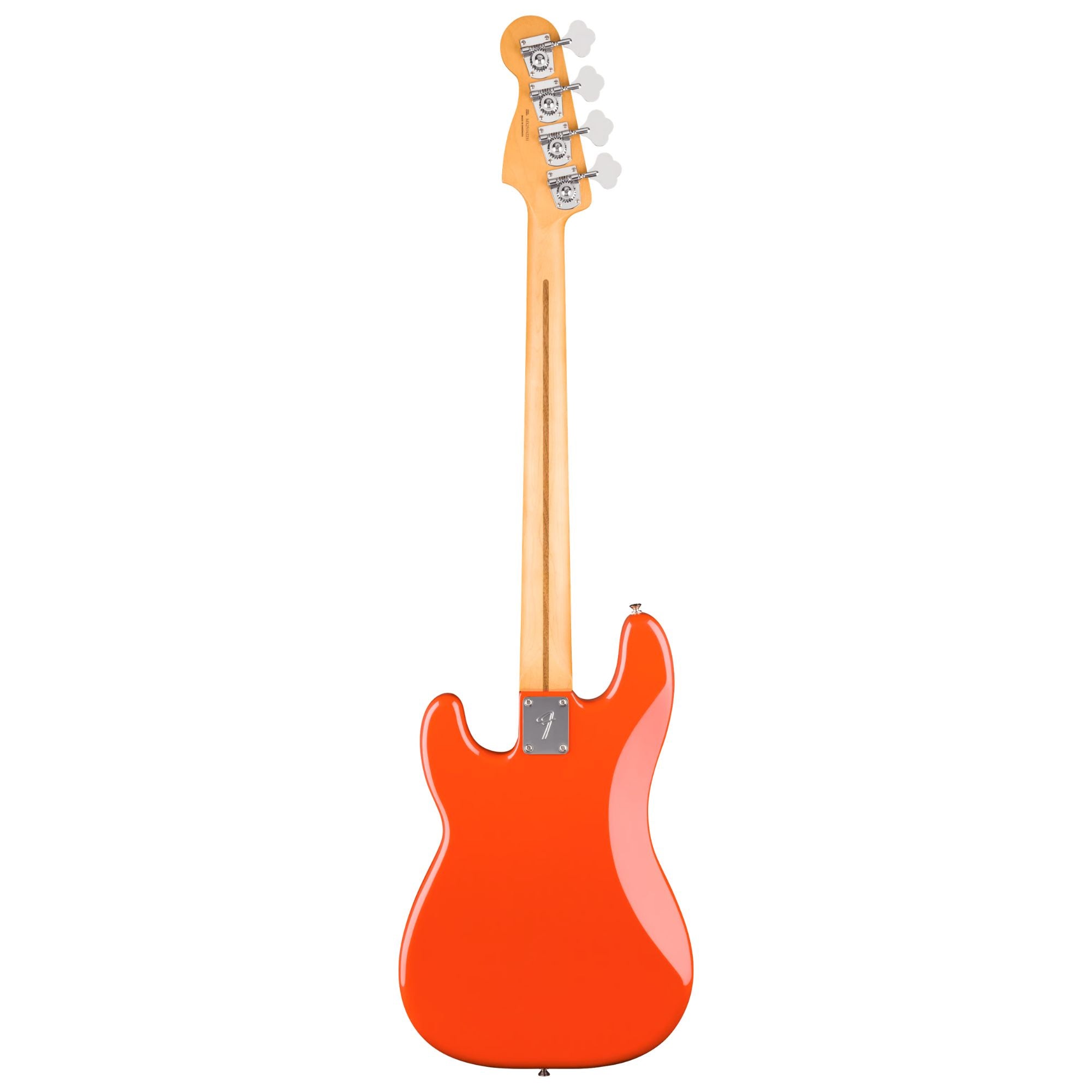 Fender Player II Precision Bass with maple fingerboard in rallye orange, showing the electric bass guitar's body and neck.