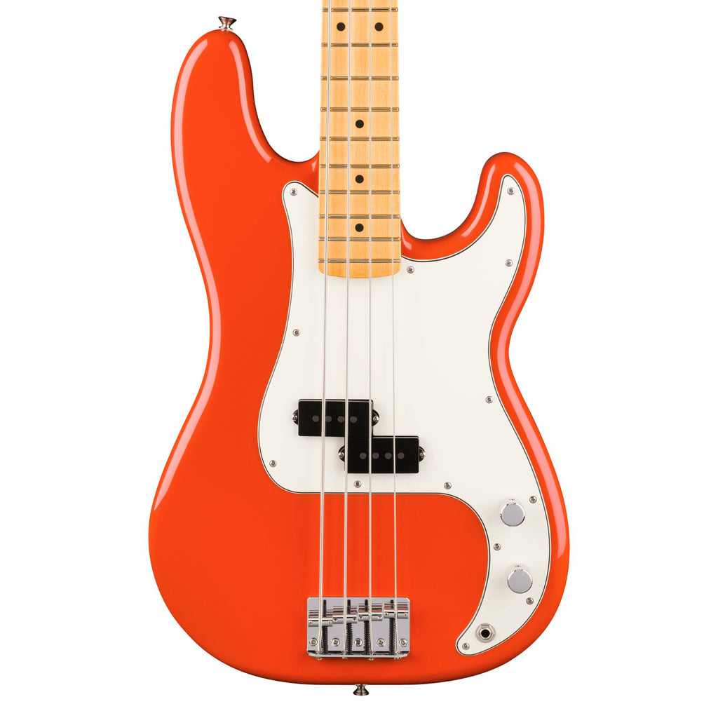 Fender Player II Precision Bass with maple fingerboard in Rallye Orange color, showcasing the electric bass guitar's body and neck.