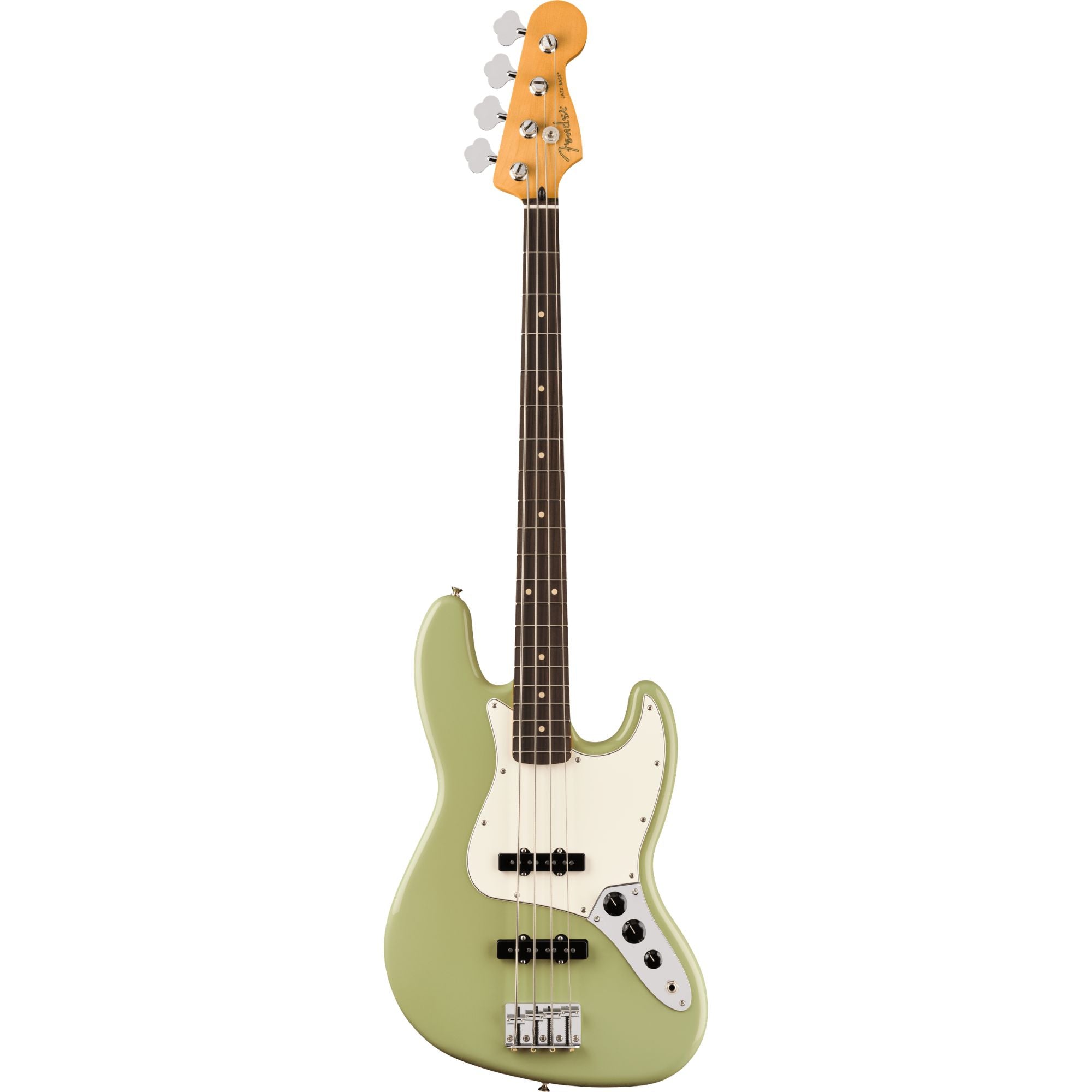 Fender Player II Jazz Bass with rosewood fingerboard and Birch Green finish, showcasing its sleek body and four-string design.