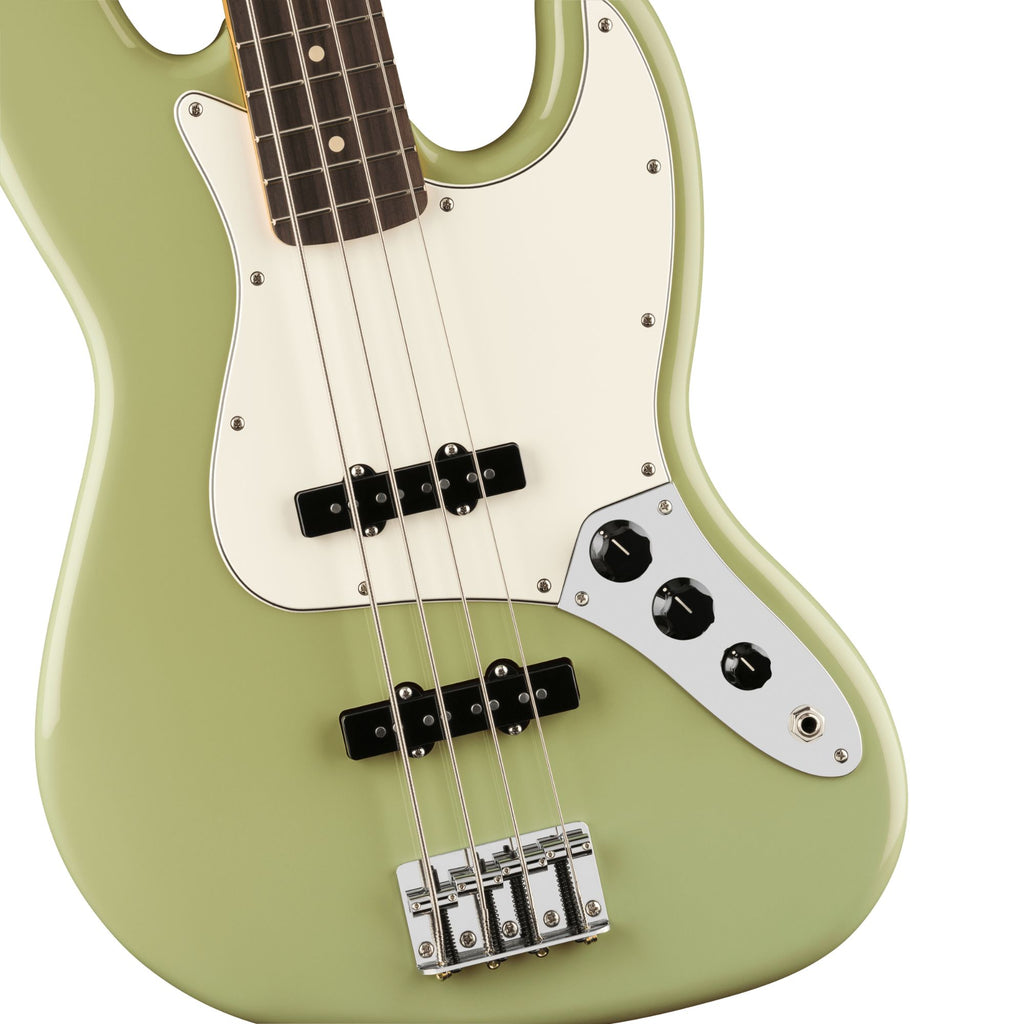 Fender Player II Jazz Bass guitar with rosewood fingerboard in Birch Green finish, showing the body and neck details.