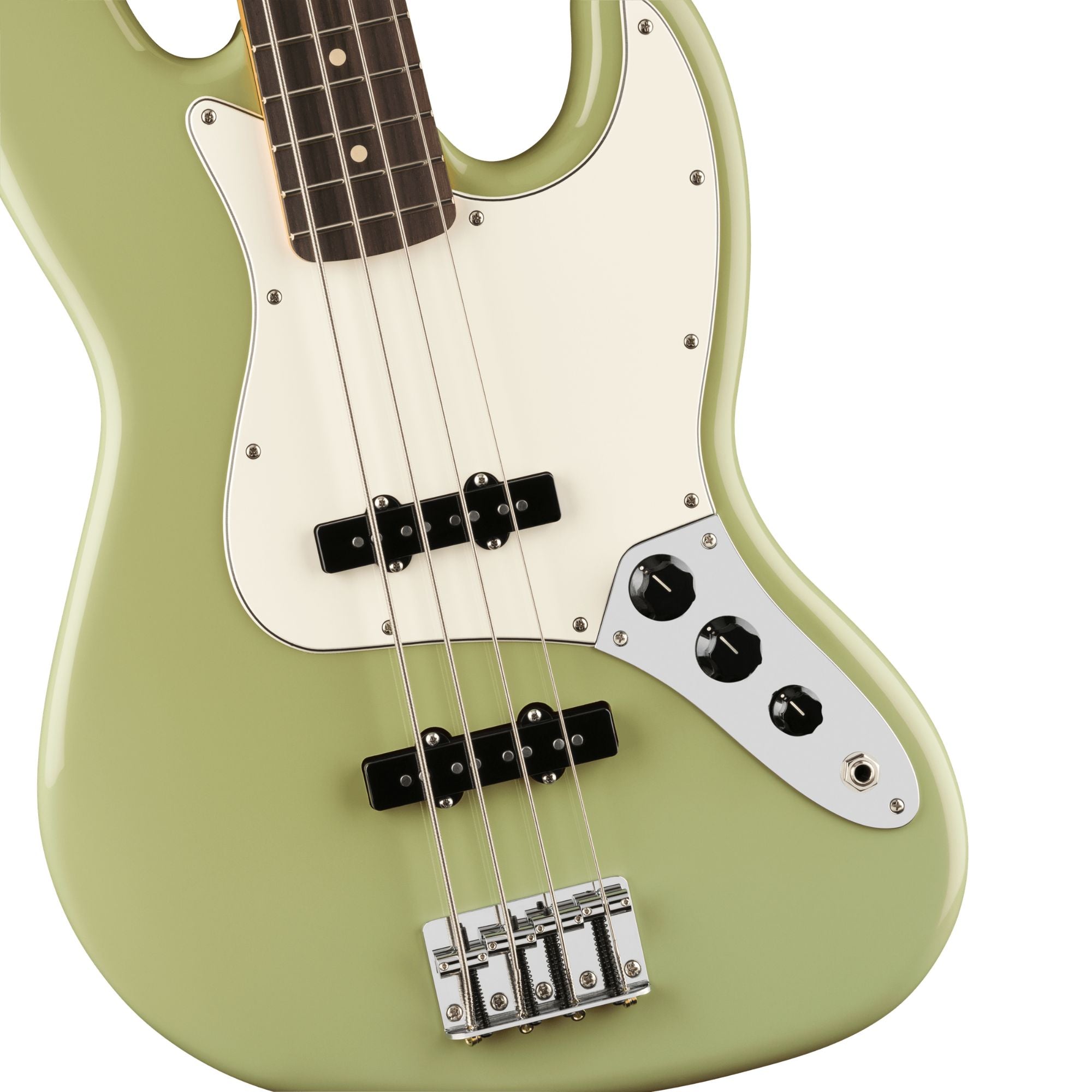 Fender Player II Jazz Bass guitar with rosewood fingerboard in Birch Green finish, showing the body and neck details.