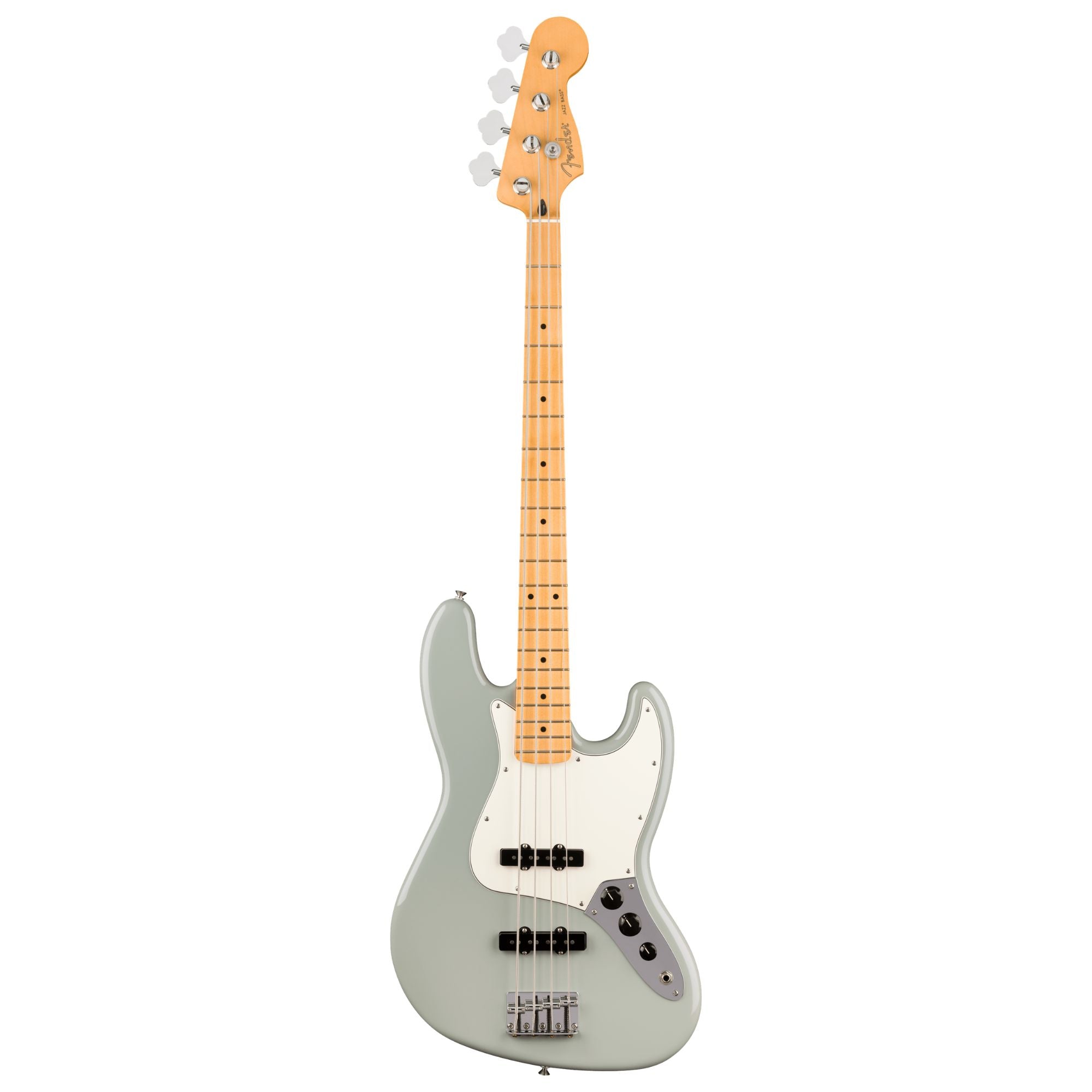 Fender Player II Jazz Bass guitar with maple fingerboard in Cactus Gray color, showcasing its sleek body and four-string design.