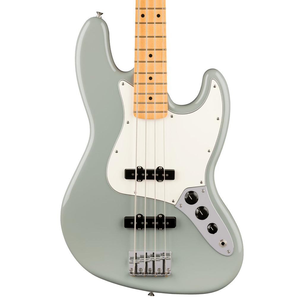 Fender Player II Jazz Bass with maple fingerboard in cactus gray, showing the bass guitar's body and neck details.