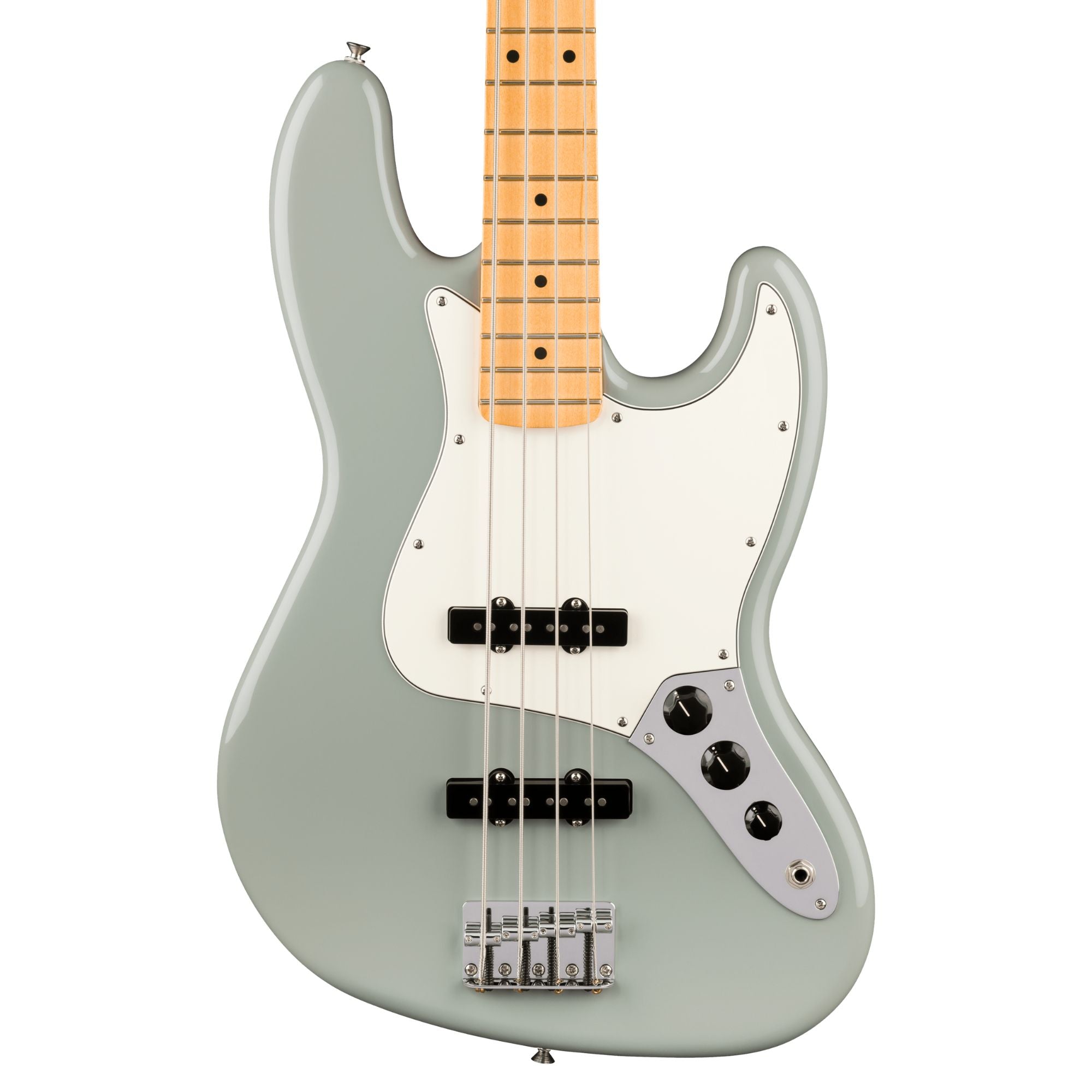 Fender Player II Jazz Bass with maple fingerboard in cactus gray, showing the bass guitar's body and neck details.