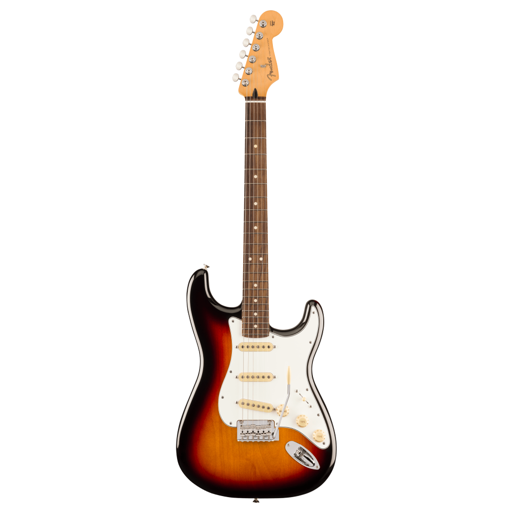 Fender Player II Stratocaster electric guitar with rosewood fingerboard in 3-color sunburst finish, showcasing the body and headstock.