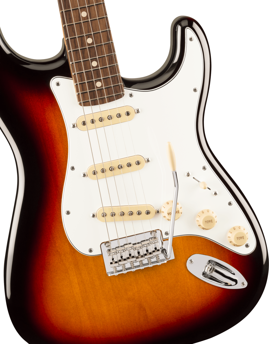 Fender Player II Stratocaster electric guitar with rosewood fingerboard in 3-color sunburst finish, showcasing its body and neck details.