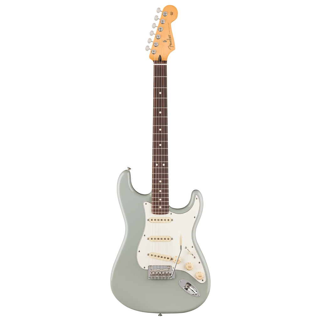 Fender Player II Stratocaster electric guitar with rosewood fingerboard in Cactus Gray color, showcasing its body and neck details.