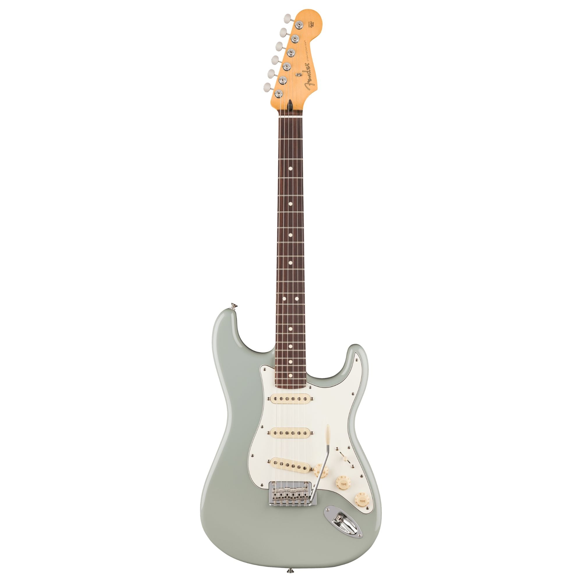 Fender Player II Stratocaster electric guitar with rosewood fingerboard in Cactus Gray color, showcasing its body and neck details.
