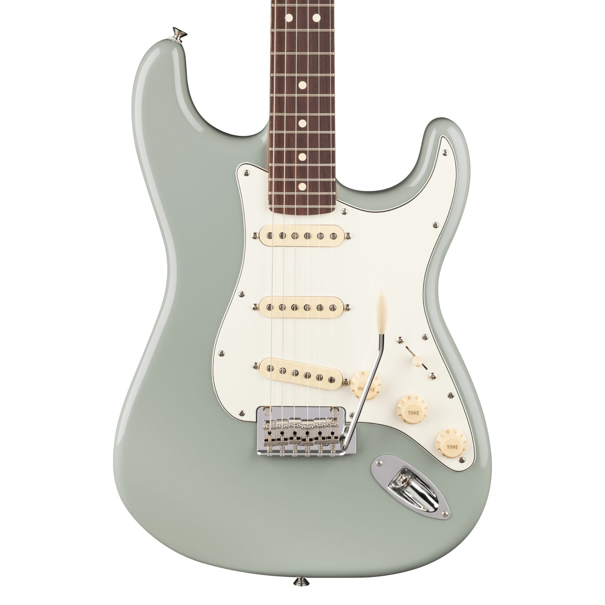 Fender Player II Stratocaster electric guitar with rosewood fingerboard and cactus gray finish, showcasing its sleek body and pickup setup.