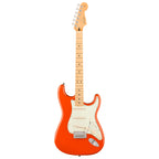 Fender Player II Stratocaster electric guitar with a maple fingerboard in rallye orange color, showcasing its sleek body and pickups.