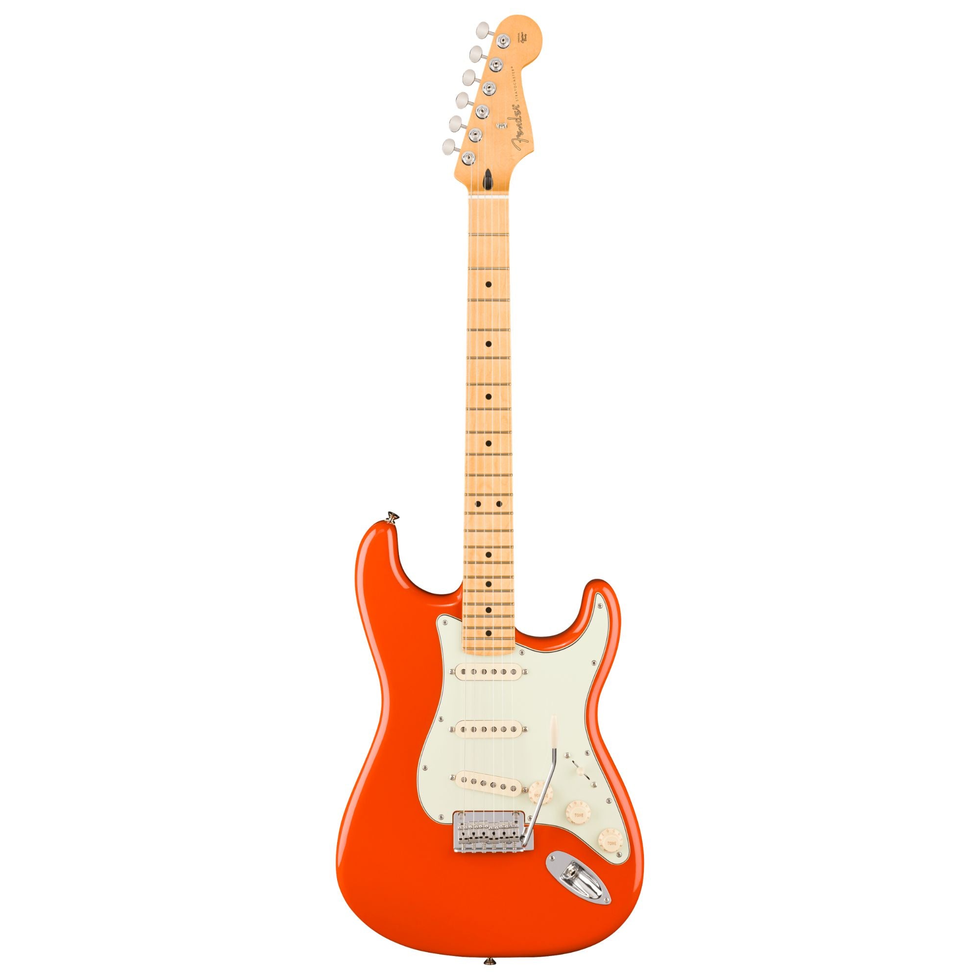 Fender Player II Stratocaster electric guitar with a maple fingerboard in rallye orange color, showcasing its sleek body and pickups.